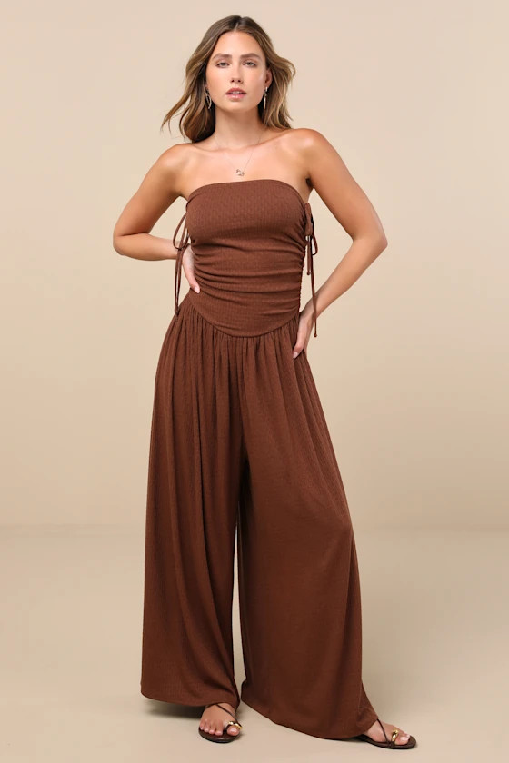 Halloran Chocolate Brown Pointelle Strapless Wide-Leg Jumpsuit | Lulus