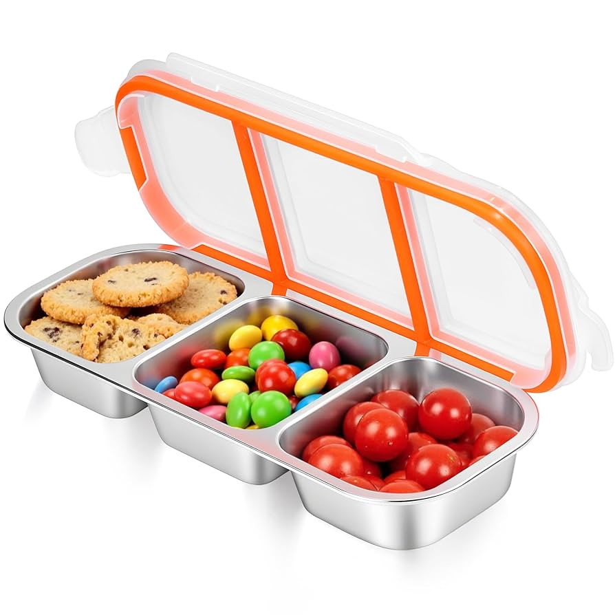 Stainless Steel Snack Containers - Reusable 3 Compartment Condiment Box with Lids for Kids Adults... | Amazon (US)