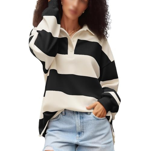 Y2k Women Striped Rugby Polo Shirt Long Sleeve Collared Oversized Vneck Sweatshirt Vintage Jersey Girls Streetwear | Amazon (US)