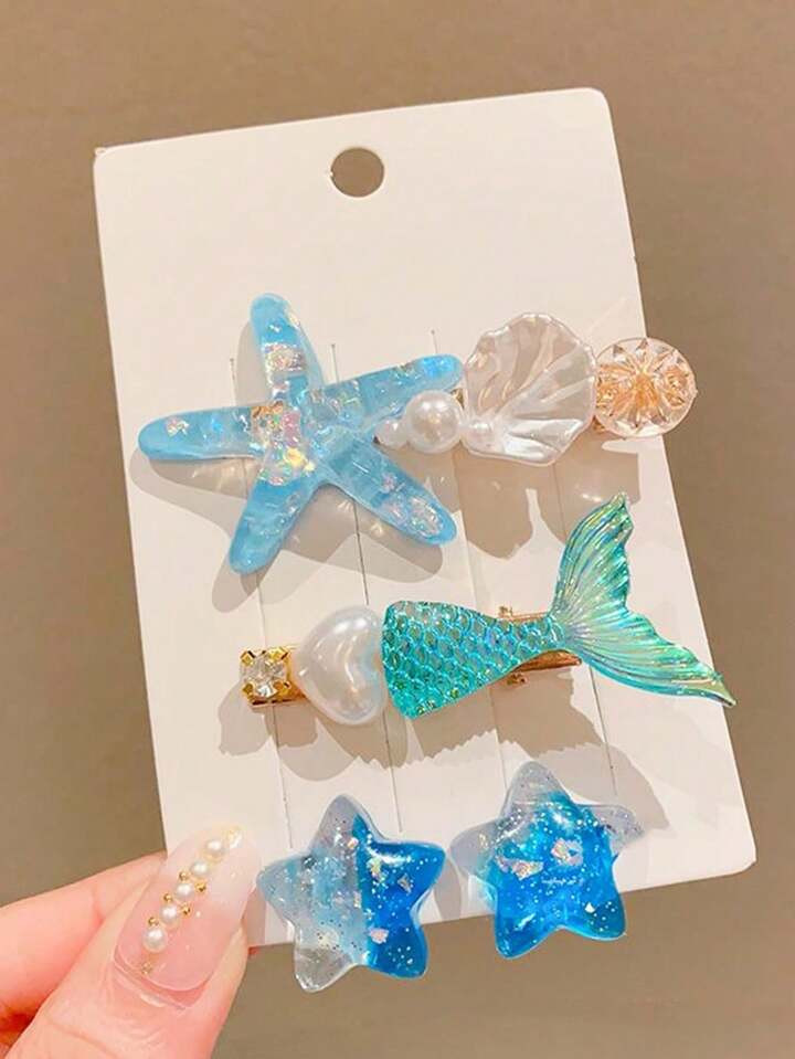 4pcs Girls' Fashionable Dreamy Ocean Themed Hair Clips Set Including Mermaid, Starfish, Shell, St... | SHEIN