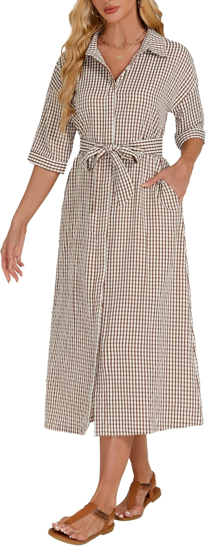 Women's Half Sleeve Plaid Midi Dress Collar V Neck Belted Casual Button Down Long Loose Dress | Amazon (US)