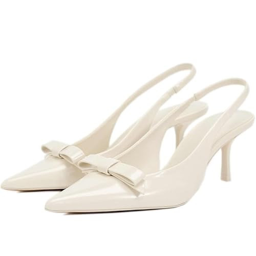 Patent Bow Slingback Kitten Heels for Women Closed Pointed Toe Dress Pumps Sexy Dressy Heeled Shoes Evening Party Prom Stiletto Heels Sandals (White,9) | Amazon (US)