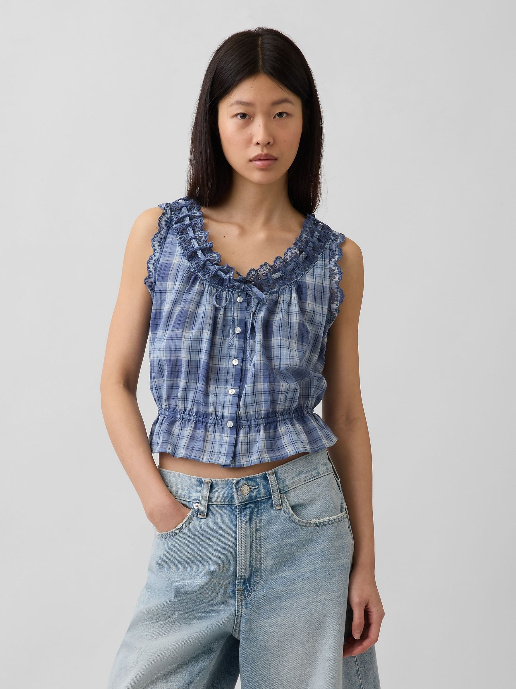 Blue Check Eyelet Tie-Front Crop Peplum Scoop neck Top | Gap | GAP UK