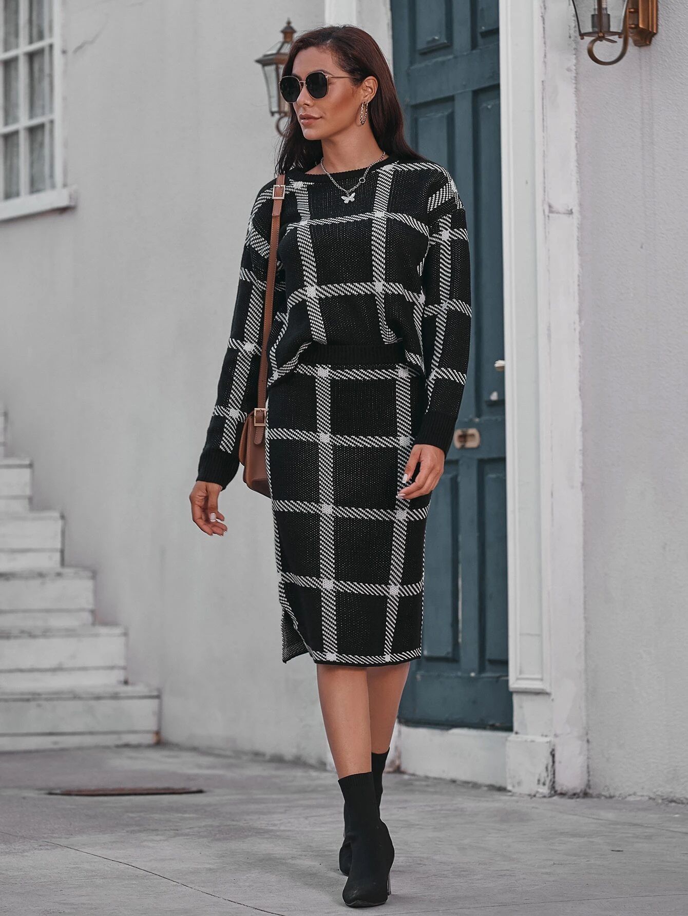 Plaid Drop Shoulder Sweater Top With Skirt | SHEIN