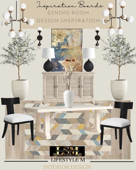 Dining room design inspiration. Recreate the look at home for transitional and modern farmhouse style homes. Buffet console credenza, dining chairs, dining room rug, dining table, planters, faux olive tree, wall art, table lamps, dining room chandeliers, white vase, faux plants, wood floor tiles, wall sconce lights, decorative bowl.

#LTKSeasonal #LTKhome #LTKstyletip