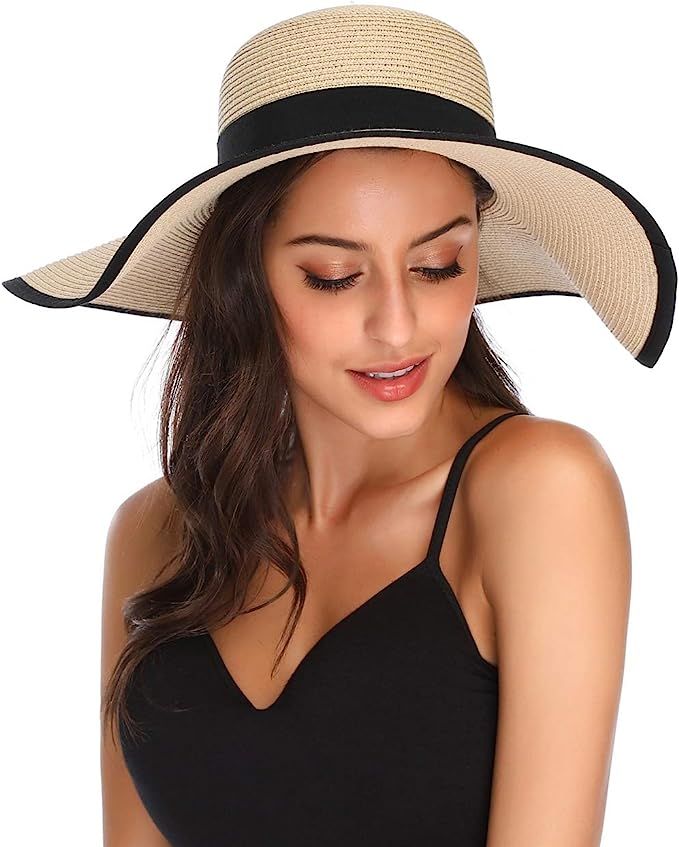 Lanzom Womens Wide Brim Straw Hat Floppy Foldable Roll up Cap Beach Sun Hat UPF 50+ | Amazon (US)