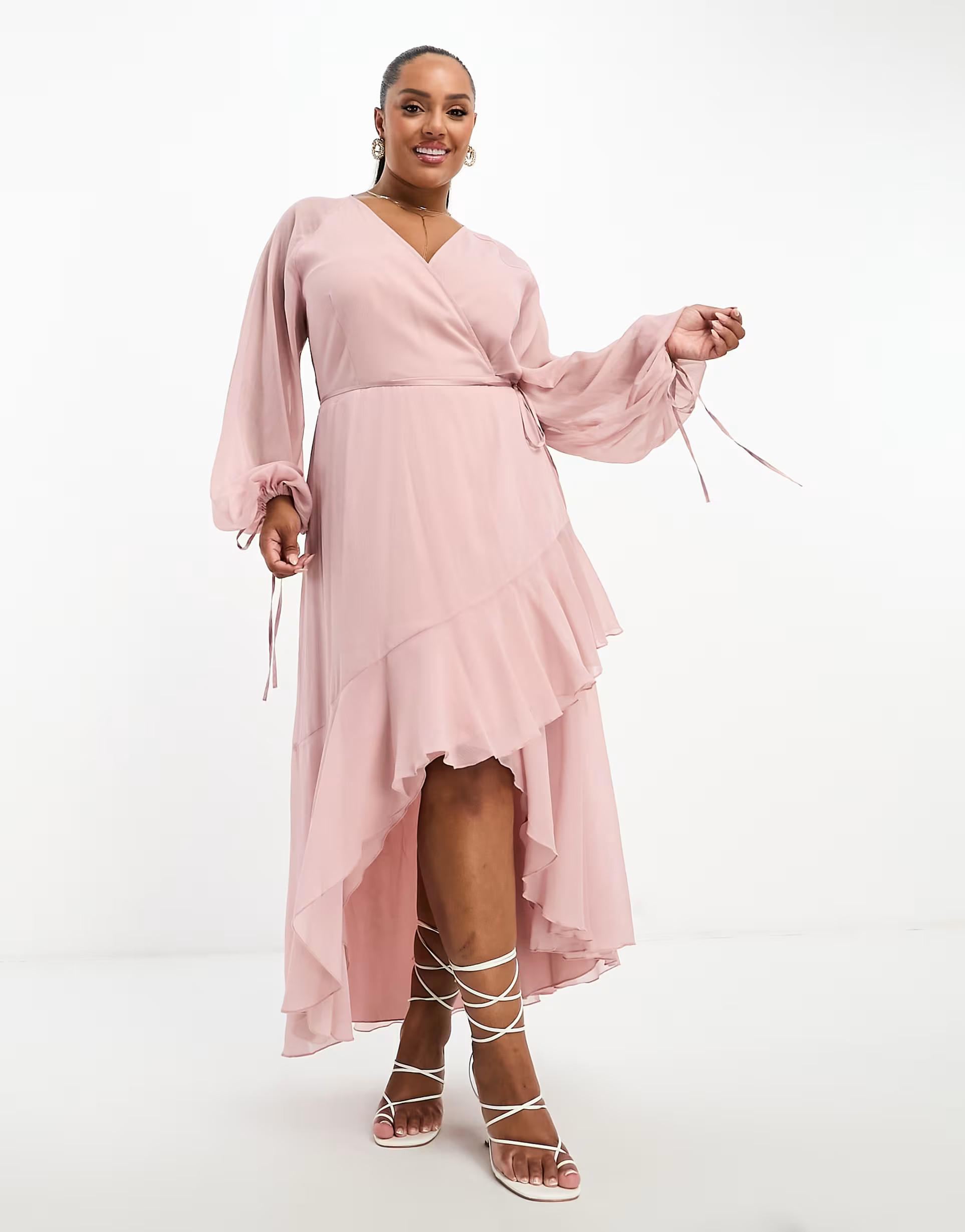 ASOS DESIGN Curve Exclusive long sleeve chiffon wrap midi dress in dusty pink | ASOS (Global)