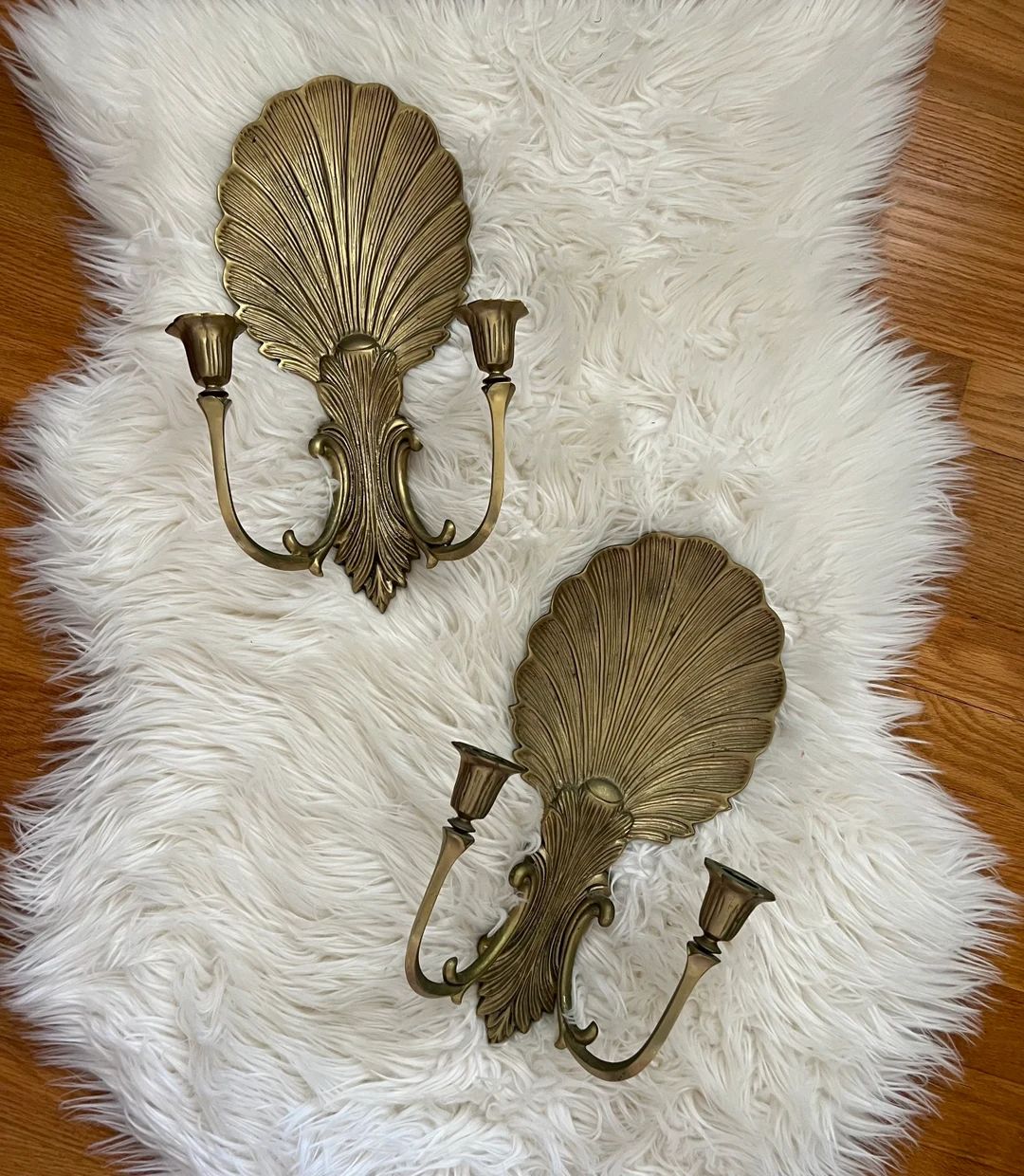 Vintage Set of Two Large Brass Double Arm Clamshell Wall Candleholder Sconces | Etsy (US)