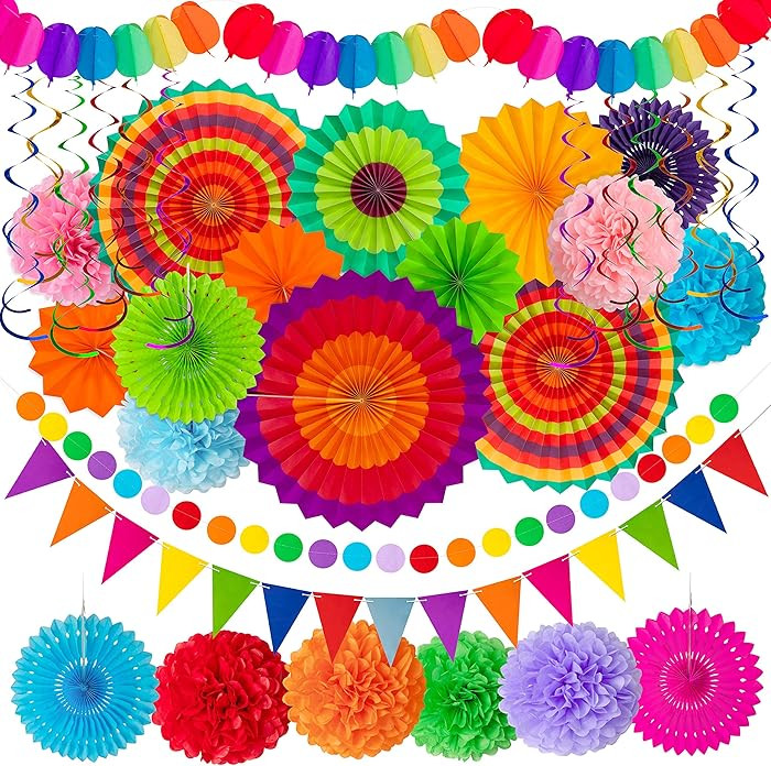 35PCS Fiesta Paper Fan Party Decorations Set - Cinco De Mayo Pom Poms,Pre-assembled Pennant,Garla... | Amazon (US)