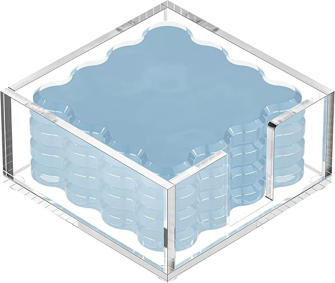 Square Scalloped Acrylic Drink Coaster Set 4‑Pack with Square Holder (Light Blue) | Amazon (US)