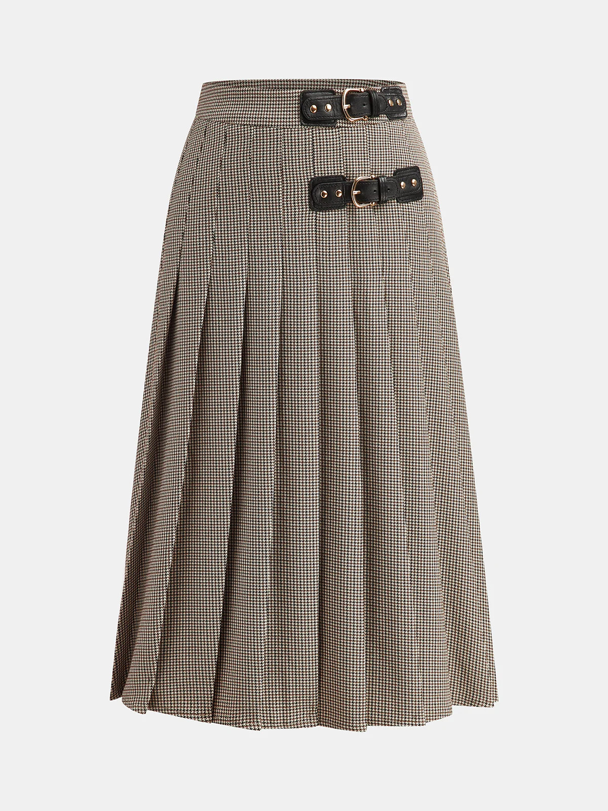 Buckle Detail Houndstooth Pleated Midi Skirt | Commense
