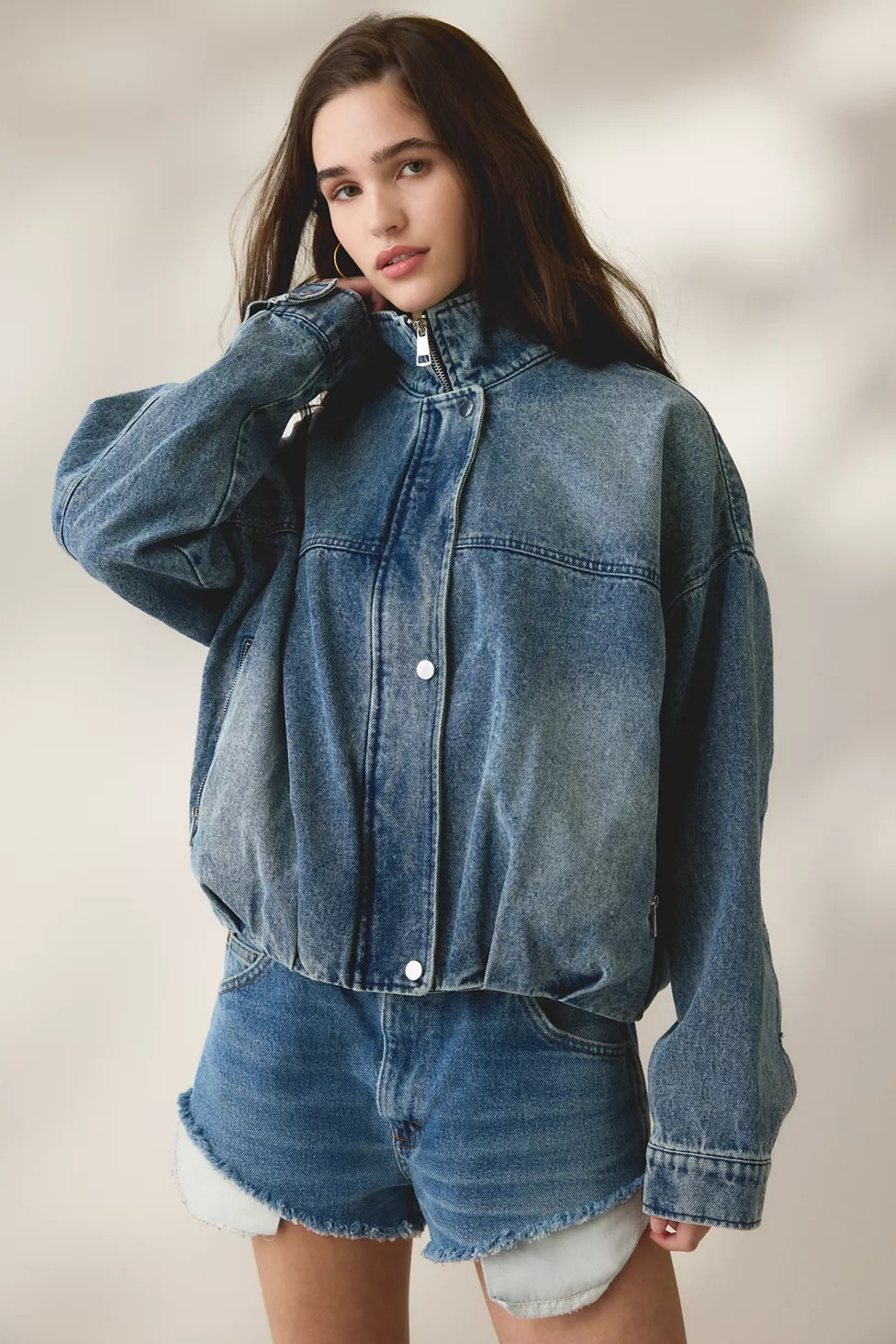 UO Jenni Oversized Denim Bomber Jacket | Urban Outfitters (US and RoW)