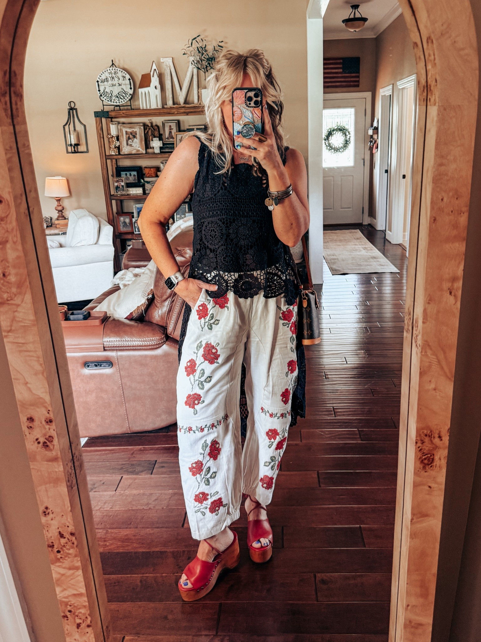 My over 40 Amazon Sunday fit 🖤♥️
Crochet top - one size 
Pants - sized up to L
Sandals - true to size 
Earrings @blueyedhorse save with code MANDIESAVE10
Necklace @prettylittlepatriot save with code MANDIE
Bracelets @twistedsilver save with code MANDIE20

#LTKStyleTip #LTKOver40 #LTKFindsUnder100