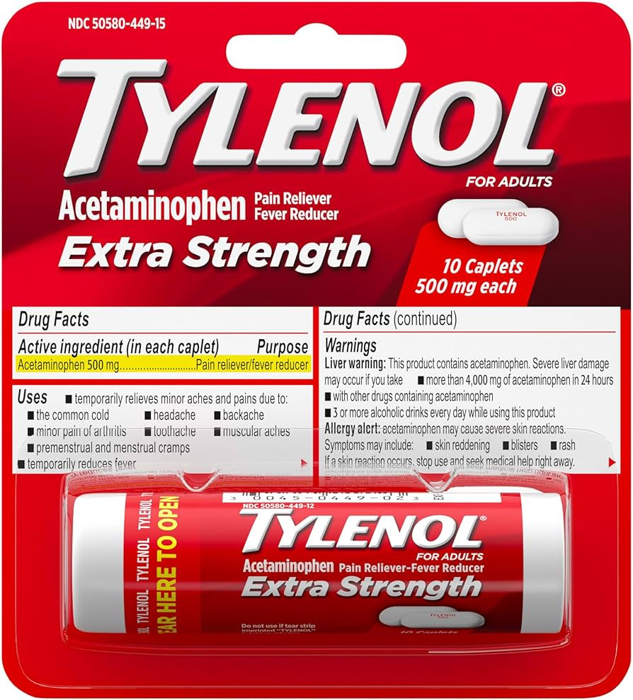 Tylenol Extra Strength 500 mg Acetaminophen Caplets, Pain Reliever & Fever Reducer, Acetaminophen... | Amazon (US)