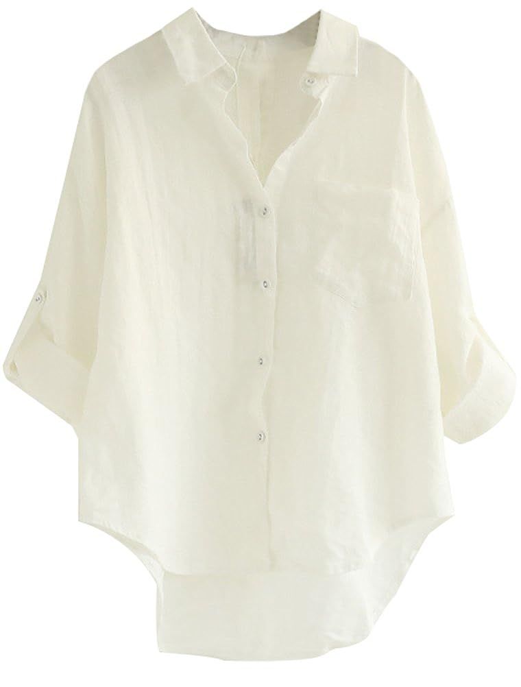 Minibee Women's Linen Blouse High Low Shirt Roll-Up Sleeve Tops | Amazon (US)