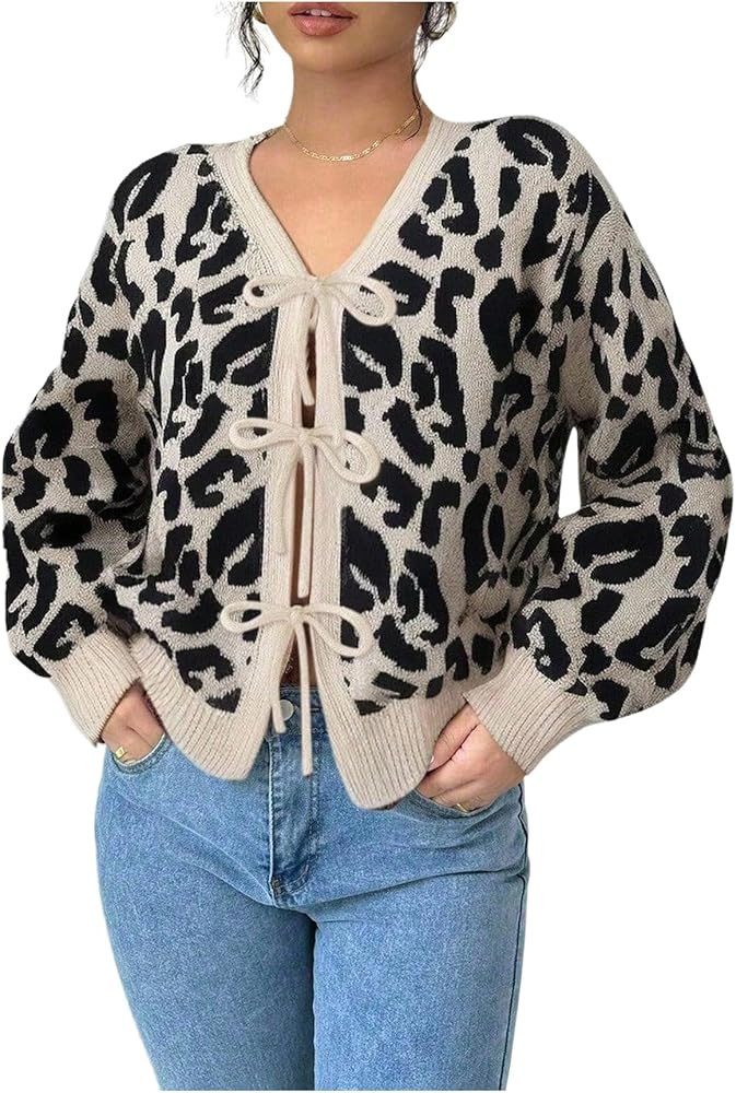 WDIRARA Women's Leopard Cardigan Sweaters Tie Front V Neck Long Sleeve Knit Cropped Outerwear | Amazon (US)