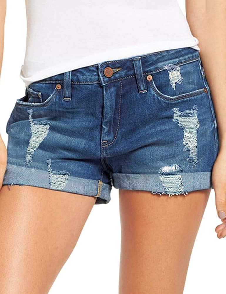 luvamia Women's Ripped Denim Jean Shorts High Waisted Stretchy Folded Hem Short Jeans | Amazon (US)