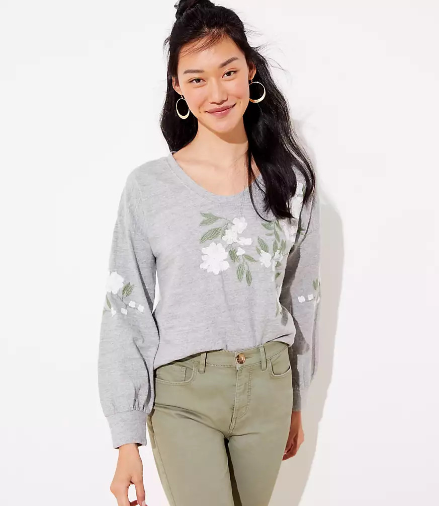 Floral Embroidered Curved Hem Sweatshirt | LOFT