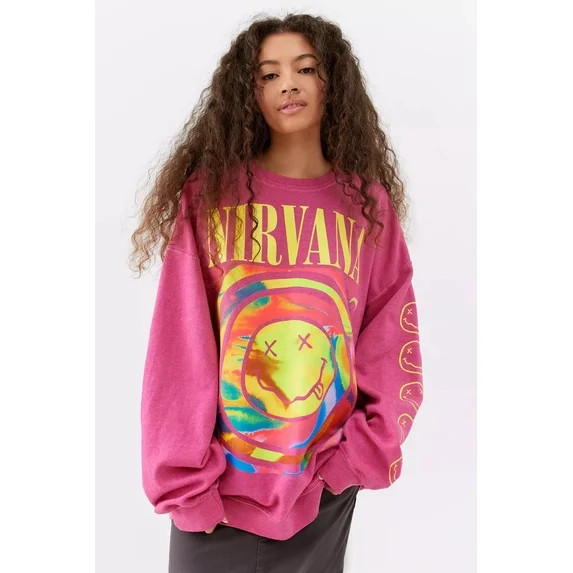 Urban Outfitters Women's Pink Oversized Sweatshirt Spiral Smile Face Crewneck Top (Large/X-Large,... | Walmart (US)