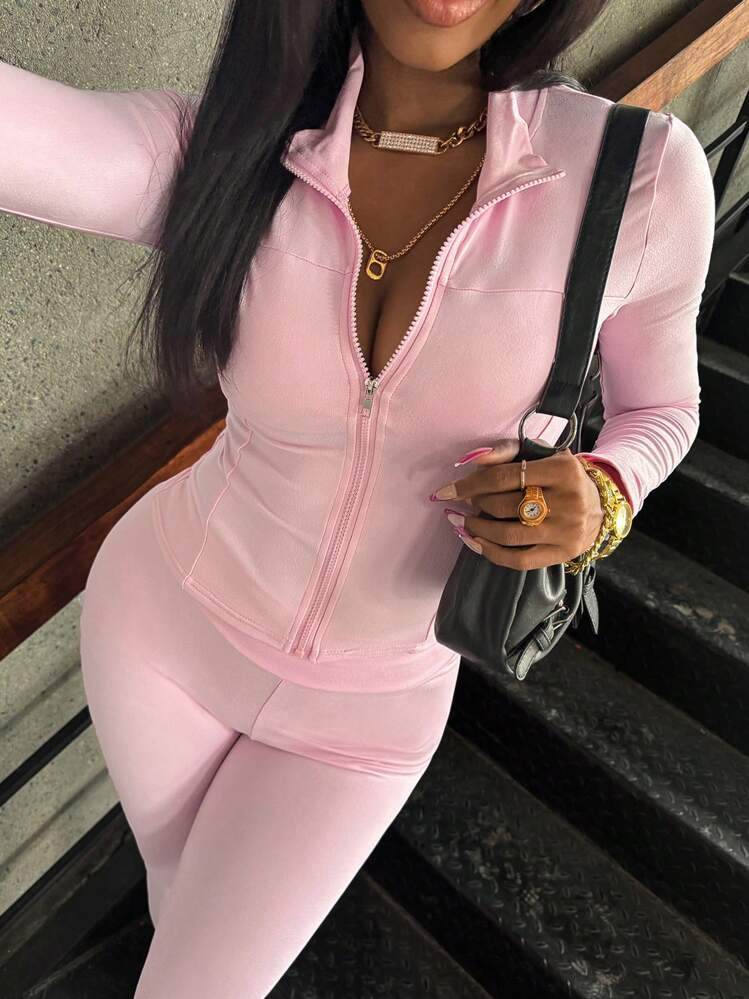 INAWLY 2pcs Women's Zipper Long Sleeve Top And Solid Color Pants Set Fall Cloth For Women | SHEIN