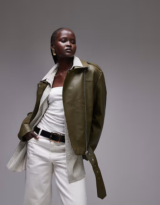 Topshop faux leather biker jacket in green | ASOS | ASOS (Global)
