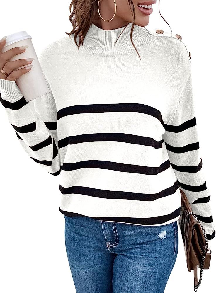 LONGYUAN Women Spring Turtle Necks Striped Knit Sweater Long Sleeve Pullover Casual Color Block W... | Amazon (US)