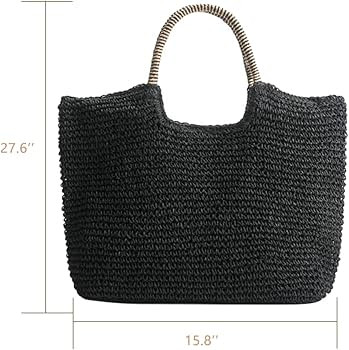 QTKJHand-woven Soft Large Straw Shoulder Bag, Beach Tote Black Boho Straw Handle Tote Retro Summe... | Amazon (US)