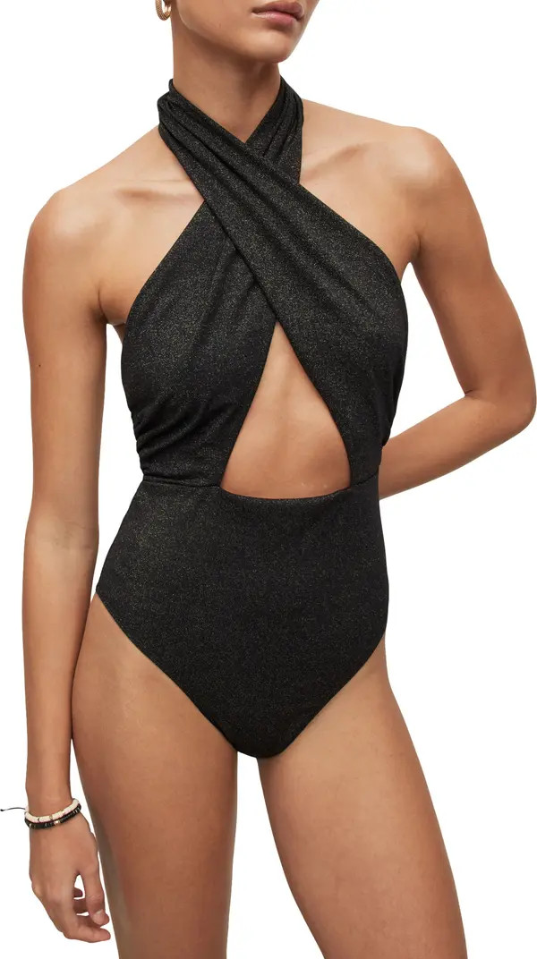 AllSaints Eleanor Shimmer Crossover Halter Neck One-Piece Swimsuit | Black One Piece Swimsuit | Nordstrom