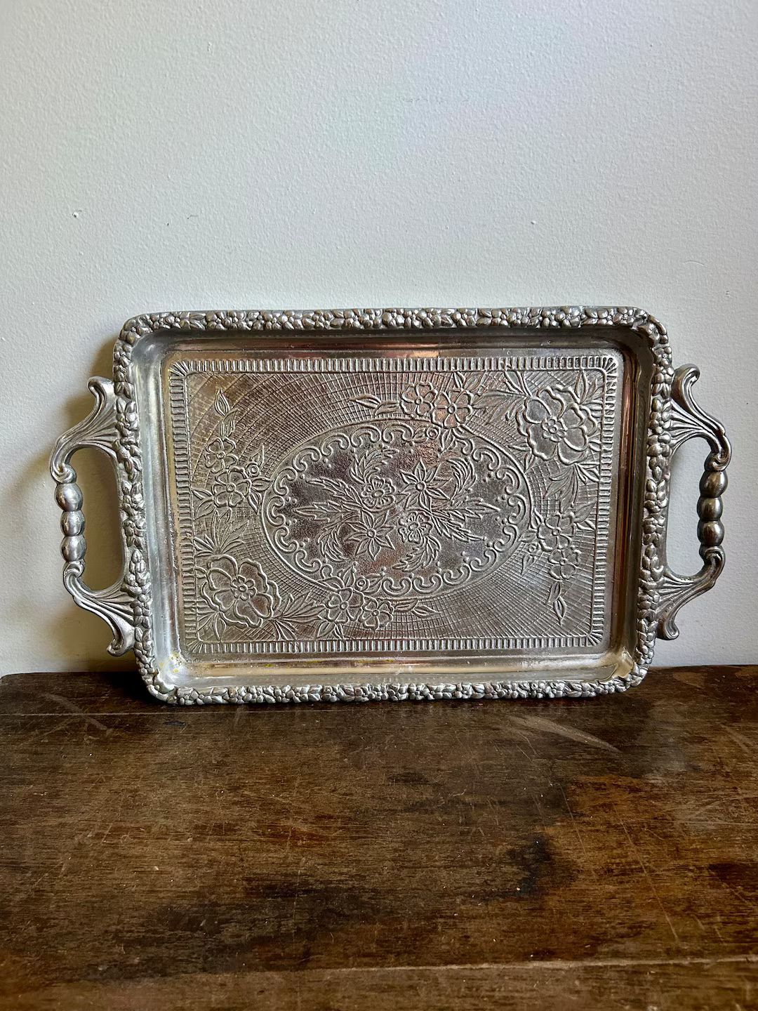 Vintage Silver Plated Brass Tray With Floral Detail and Handles Decorative Tray Silver Plated Tra... | Etsy (US)