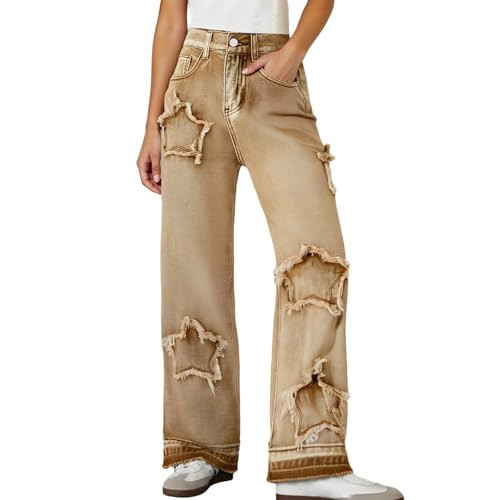 Girls Wide Leg Jeans,Bow Jeans for Girls Wide Leg Baggy Denim Pants Cute High Waisted Trousers Kids Casual Y2K Streetwear With Pockets 6-14Y Khaki 150 | Amazon (US)