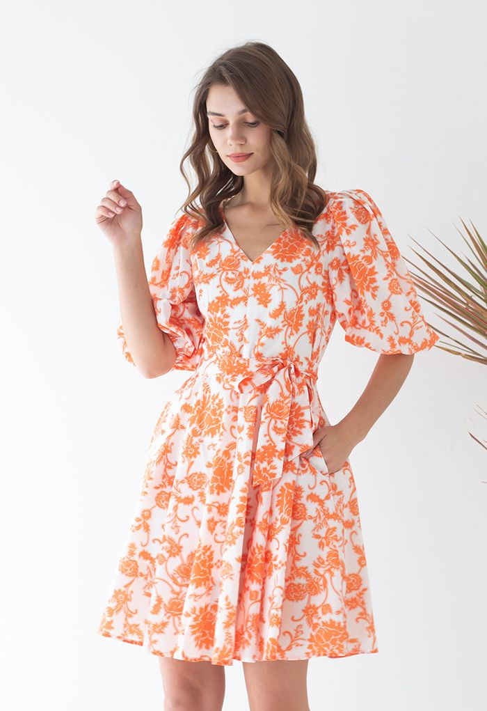 Divine Flower Vine Printed V-Neck Dress in Orange | Chicwish