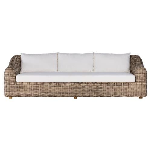 Celina Coastal White Cushion Woven Wicker Natural Teak Outdoor Sofa - 106"W | Kathy Kuo Home
