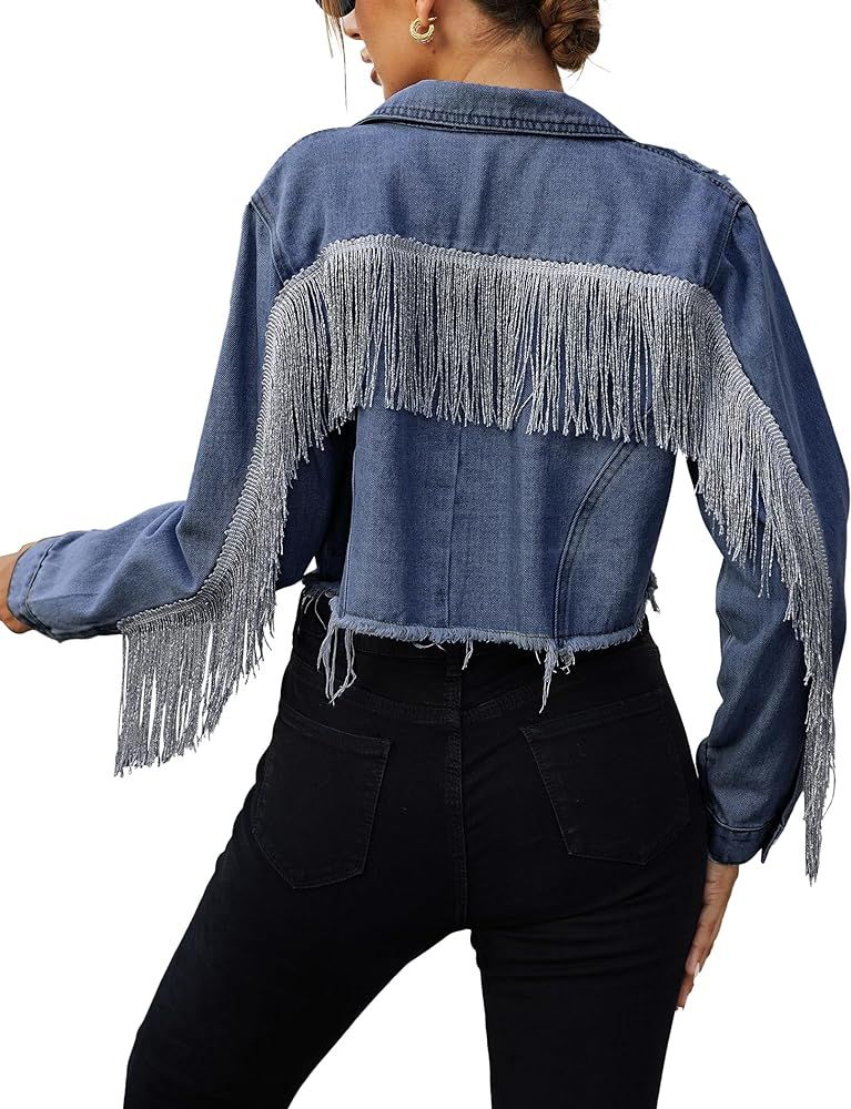 Zeagoo Women's Fringe Jacket Tassel Cropped Denim Jacket Raw Hem Ripped Crop Jean Jackets | Amazon (US)