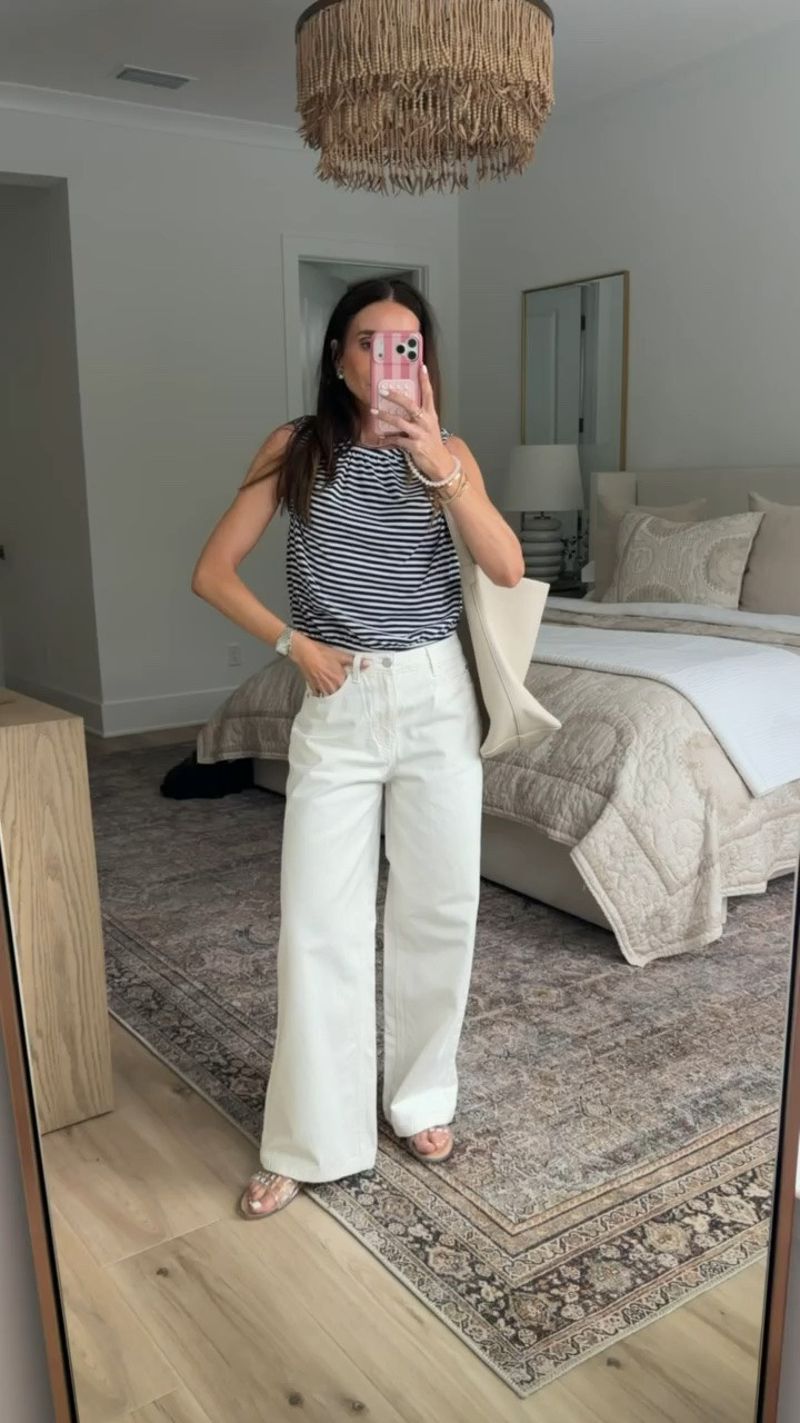Designer inspired white jeans, size down.

#LTKootd #LTKOver40