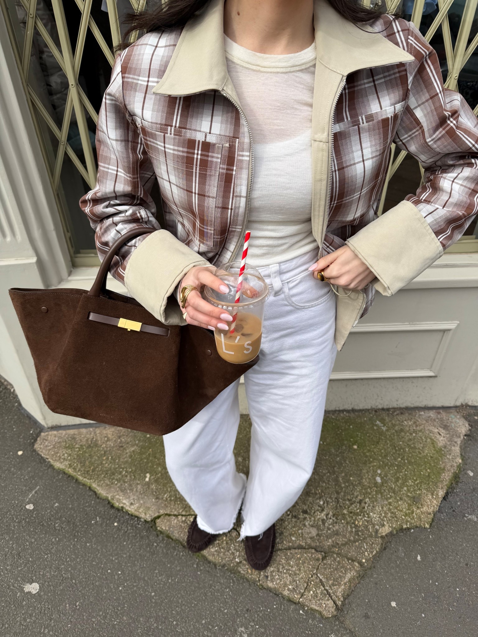 Reversible jacket, aligne jacket, barrel leg jeans, white jeans, brown suede loafers, penny loafers, demellier bag, layering, spring outfit

#LTKpetite #LTKuk #LTKspring