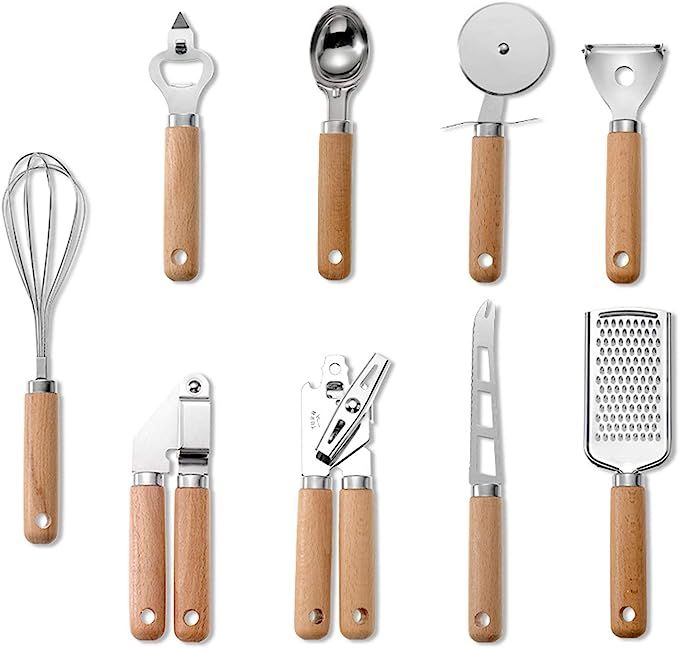 9pcs Kitchen Gadget Set Wood Handle Baking Utensils Premium Stainless Steel Turner Spaghetti Serv... | Amazon (US)