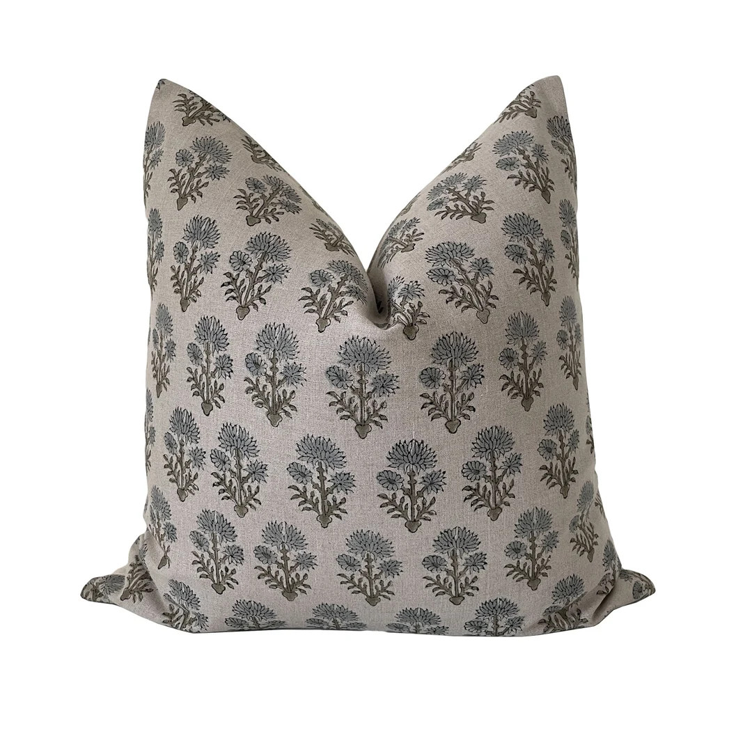 Block Print Floral on Linen Pillow Cover - Etsy | Etsy (US)