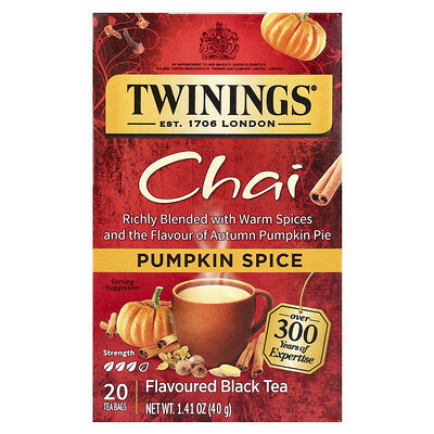 Twinings, Flavored Black Tea, Chai, Pumpkin Spice, 20 Tea Bags, 1.41 oz (40 g) | iHerb