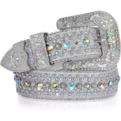 Men Women Rhinestone Belt Western Cowboy Cowgirl Shine Crystal Diamond Studded Luxury Strap Belts 01-silver fits waist size 29''-33'' | Target