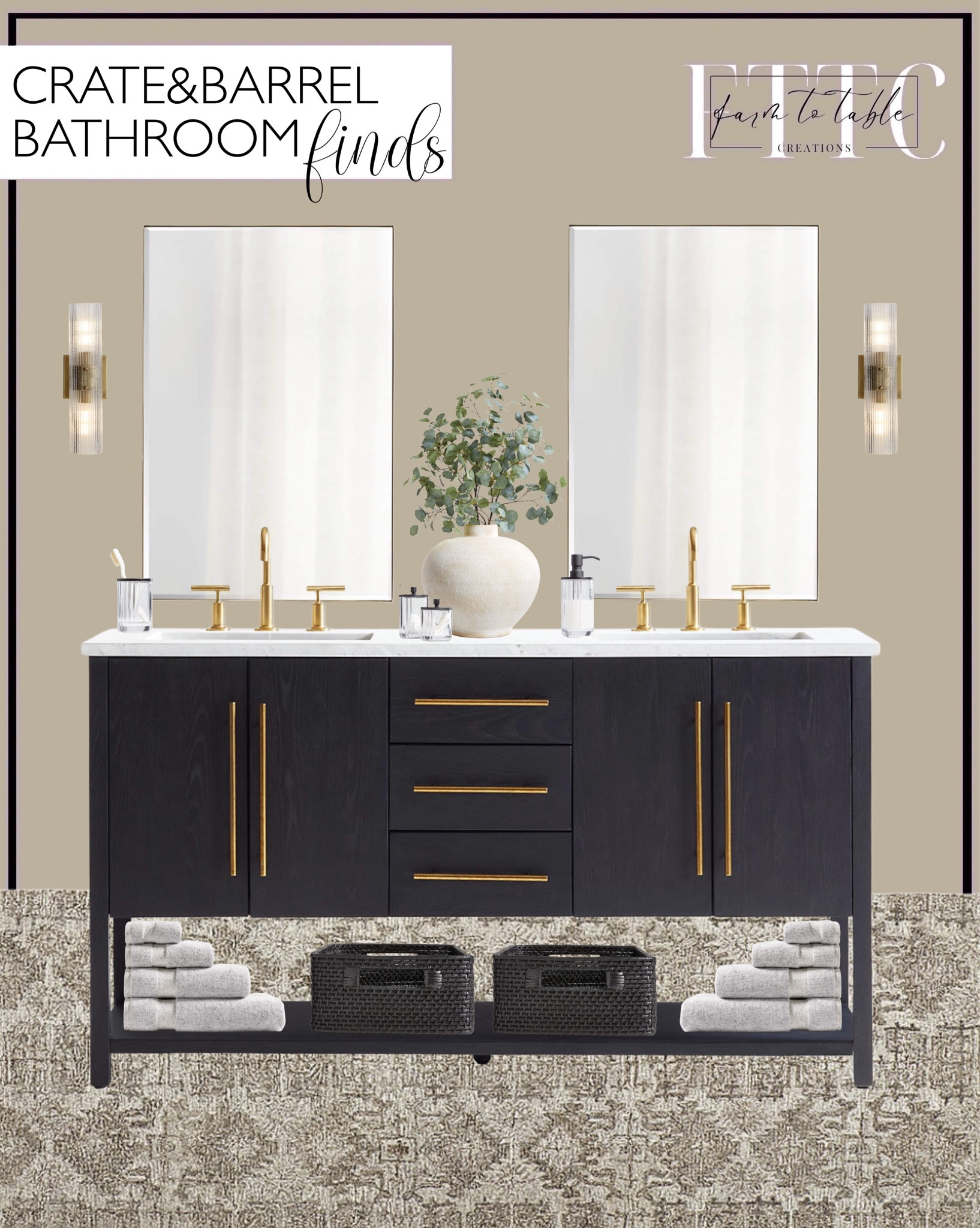 Crate&Barrel Bathroom Finds. Follow @farmtotablecreations on Instagram for more inspiration.

Carmen 60" White Marble Top Double Sink Black Ash Wood Vanity with Shelf. Wall mirror. Soap dispenser. Toothbrush holder. Ribbed Canisters. Fluted Wall Sconce. Organic Turkish Cotton Grey Fleck Bath Towel. Storage totes. Alvarez Wool grey area rug. Ophelia Matte Natural Round Vase. Large Faux Silver Dollar Eucalyptus Stem. 

Bathroom Finds | Dining Room | Dining Room Artwork | Bathroom Finds | Bedroom Finds | Bedroom Furniture | nightstands | Home Decor| Fireplace Decor | Spring Refresh |  Bedroom Finds | Neutral Stems | Spring Stems | Bookshelf Decor | Bedroom Space | Cozy Corner | Bathroom | Curated Entryway | Spring  Decor | End of Year Clearance | Trending Decor | Viral Decor  | Coffee Table Decor | Neutral Decor | Fall Stem Sale | Target Finds | Skinny Bench | Bedroom | Living Room | Breakfast Nook | Amazon Home | Target Sale | Loloi Rugs | Magnolia Home | console table | console table styling | faux stems | entryway space | front porch decor | neutral decor | entryway decor | cozy home | affordable decor |  home decor | home inspiration | console styling | entryway rug | cozy moody home | moody home decor | neutral home | bathroom decor | living room | spring decor | Hearth & Hand | Studio McGee | 2025 Home Trends | trending home | Crate&Barrel 




#LTKSaleAlert #LTKHome #LTKFindsUnder50