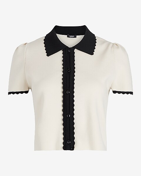 Scalloped Trim Cropped Polo Cardigan | Express