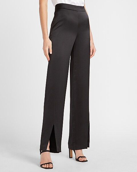 High Waisted Satin Slit Front Straight Pant | Express