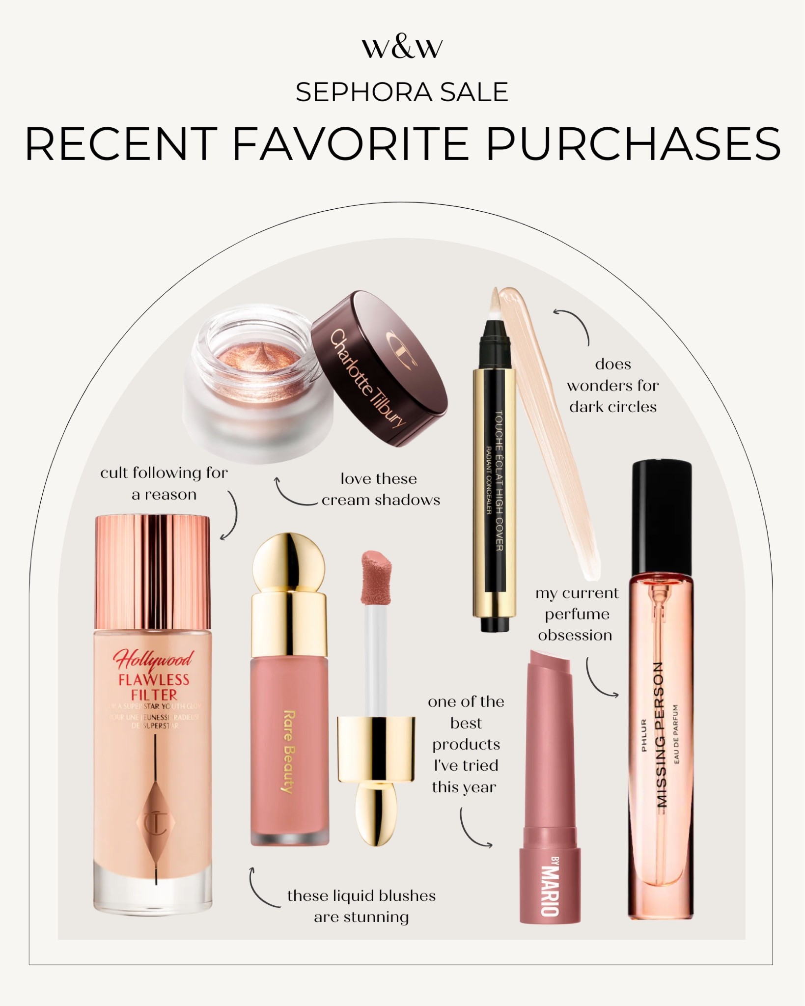 Sephora sale | Recent favs:
Charlotte Tilbury cream eyeshadow 
Charlotte Tilbury Hollywood flawless filter 
Rare Beauty cream blush
Makeup by Mario lip plumper
Yves Saint Laurent concealer
Phlur missing person perfume 

#LTKbeauty #LTKsalealert