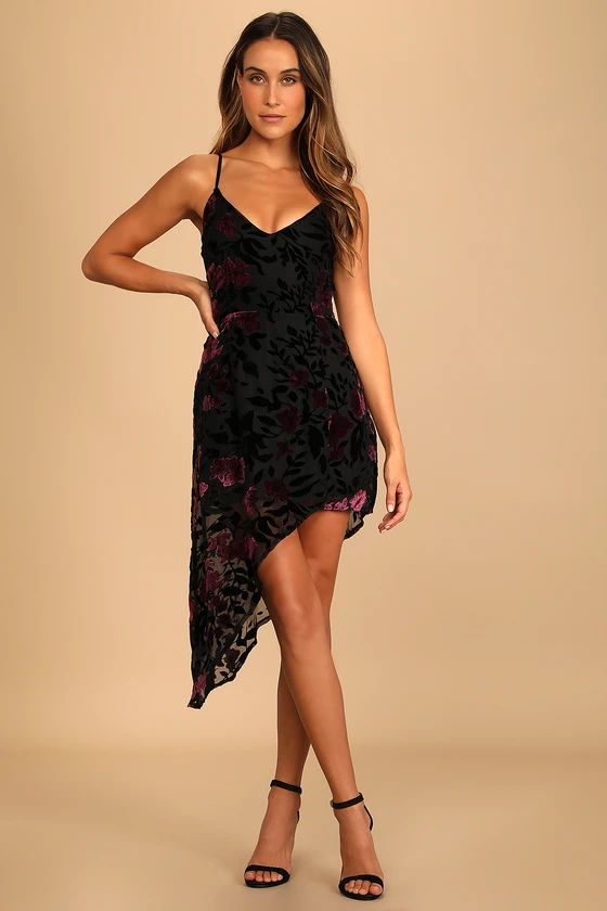Evenings with You Black Floral Velvet Asymmetrical Dress | Lulus (US)