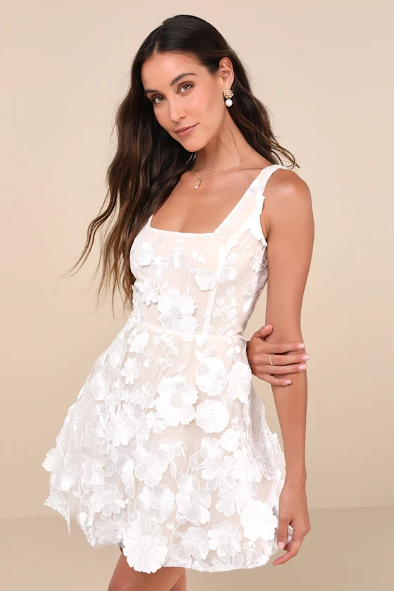 Divine Intentions White 3D Floral Embroidered Skater Dress | Lulus