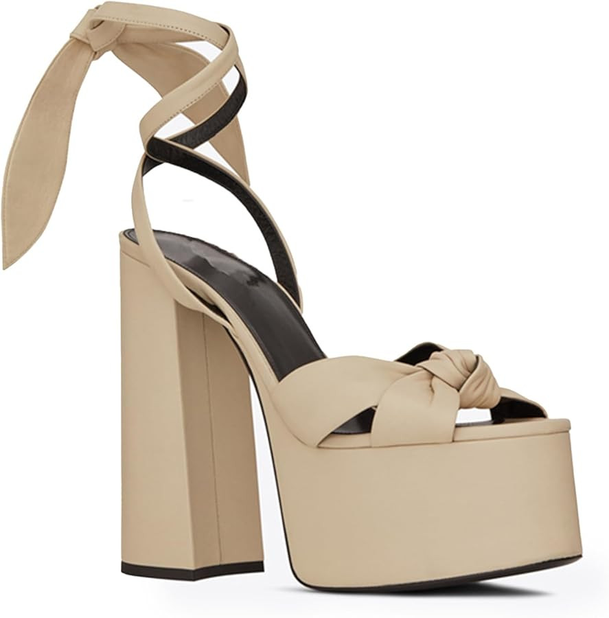 Platform Strappy Heels Sandals for Women, Chunky Heel Round Peep Toe Ankle Strap Sandals for Prom... | Amazon (US)