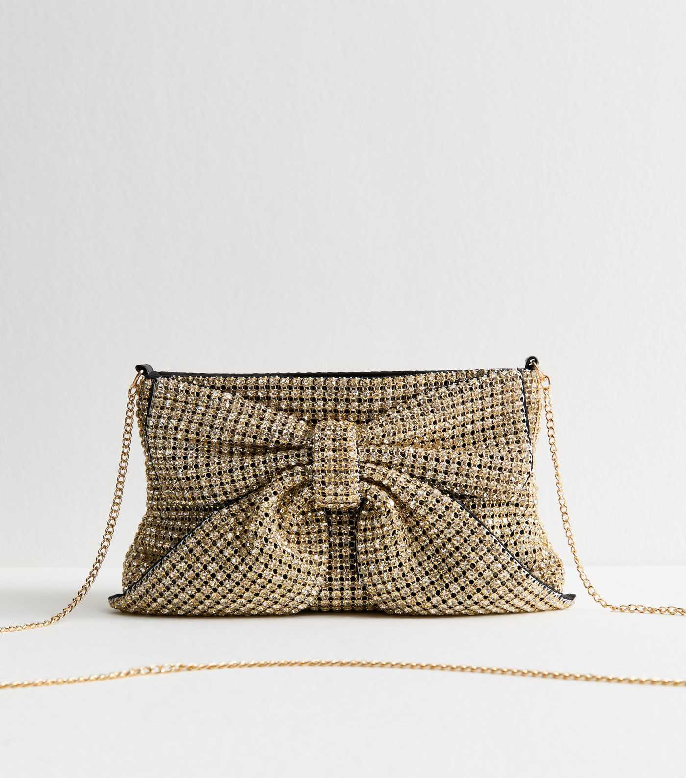 Gold Rhinestone Embellished Bow Appliqued Clutch | New Look | New Look (UK)