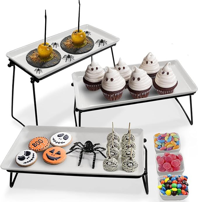 3 Tiered Serving Tray Stand - 3 X-Large Ceramic Plates (13.5"x6.5") +3 Sauce Dishes - Elegant Cak... | Amazon (US)
