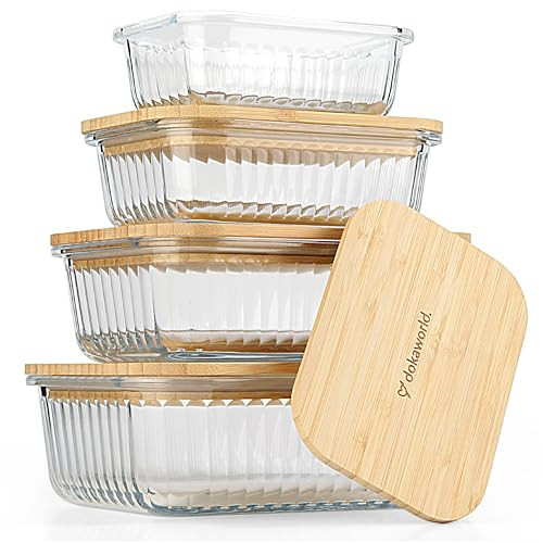 dokaworld Ribbed Glass Tupperware Set with Bamboo Lids - 4 Stackable Meal Prep Containers. Durable heat resistant Inert Borosilicate Glass | Amazon (US)