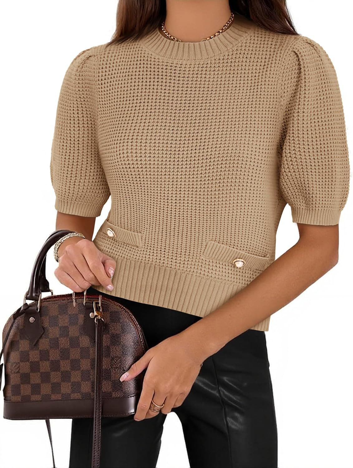 Cicy Bell Womens Puff Short Sleeve Sweaters Cropped Ribbed Knit Sweater | Amazon (US)